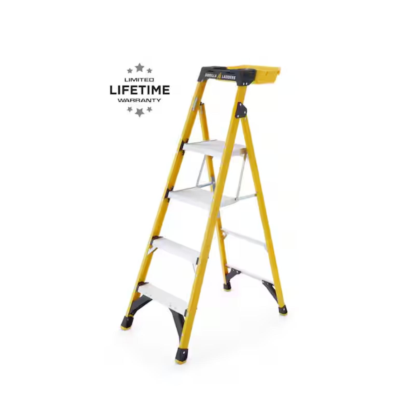 NEW!- Gorilla Ladders 5.5 ft. (10 ft. Reach) Fiberglass Dual Platform Ladder, XL Steps, Removable Project Bucket, 300 lbs. Capacity -(2 UNITS)