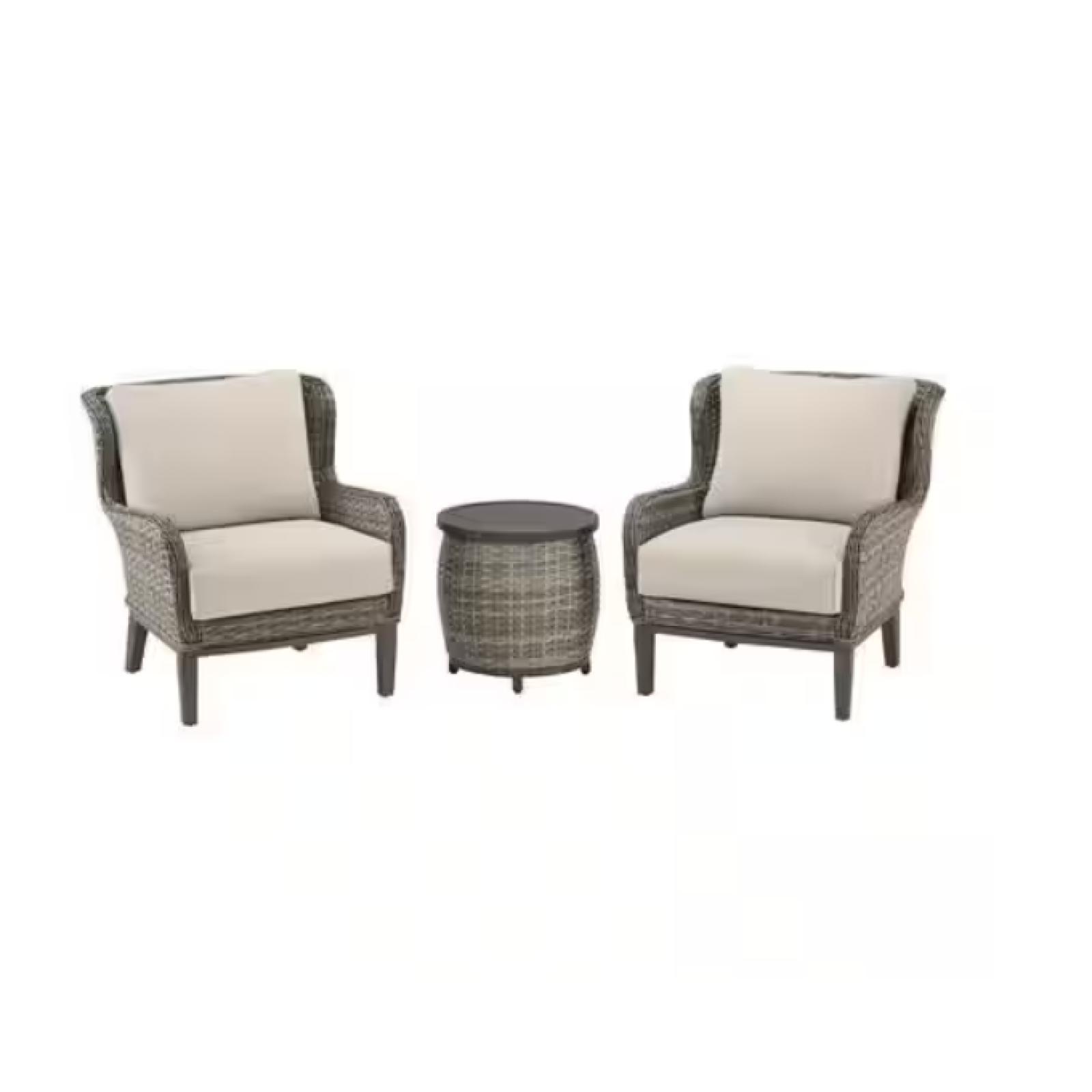 DALLAS LOCATION - Hampton Bay Cooper Lake 3-Piece Wicker Patio Conversation Set with CushionGuard Putty Cushions