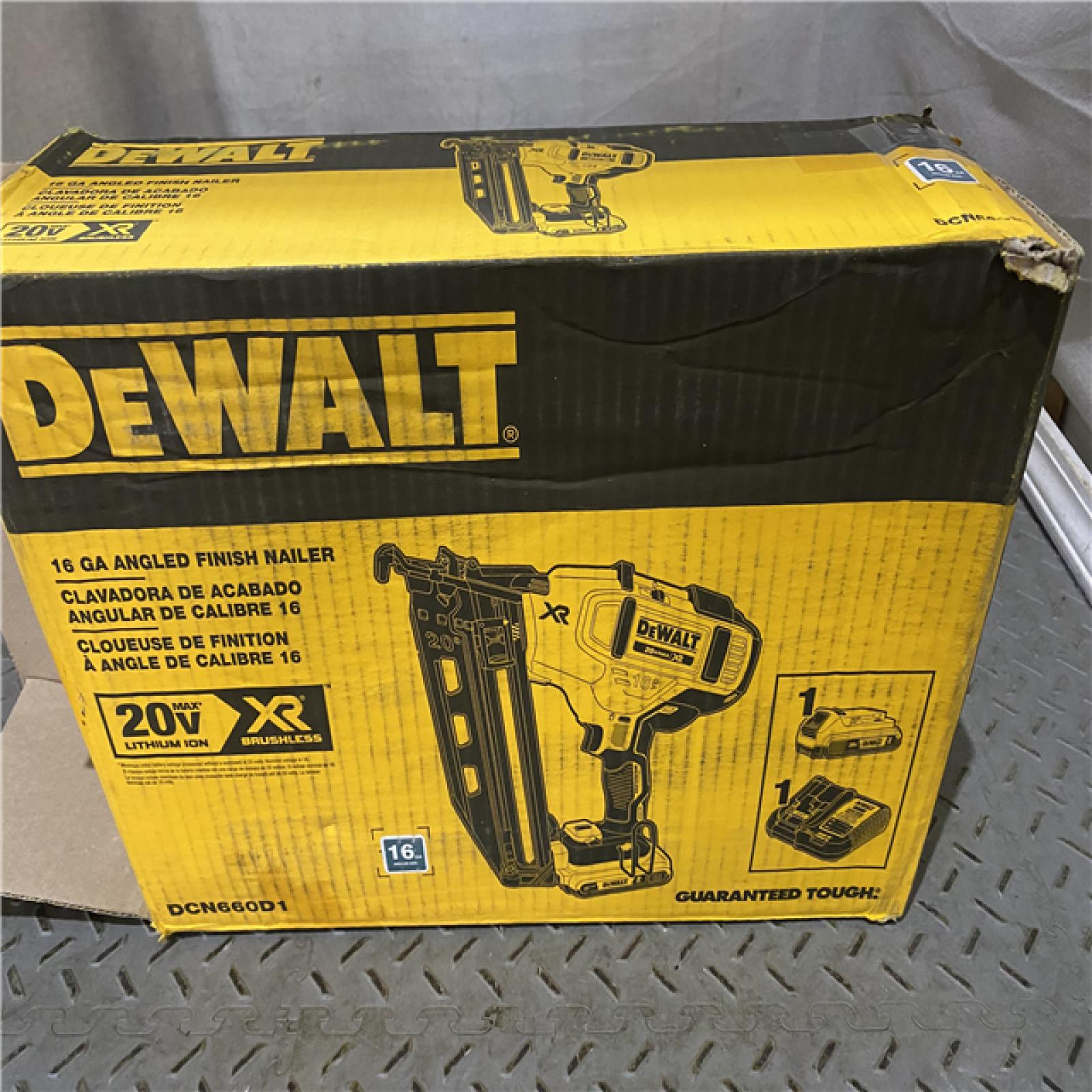 Houston location AS-IS DeWalt DCN660D1 20V 16 Gauge Cordless Angled Finish Nailer Kit W/ 2Ah Battery