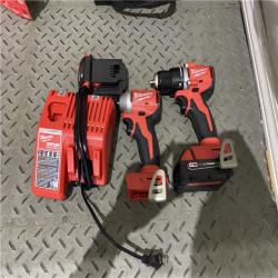 Houston location AS-IS MILWAUKEE M18 18V Lithium-Ion Brushless Cordless Compact Drill/Impact Combo Kit (2-Tool) W/(2) 2.0 Ah Batteries, Charger & Bag