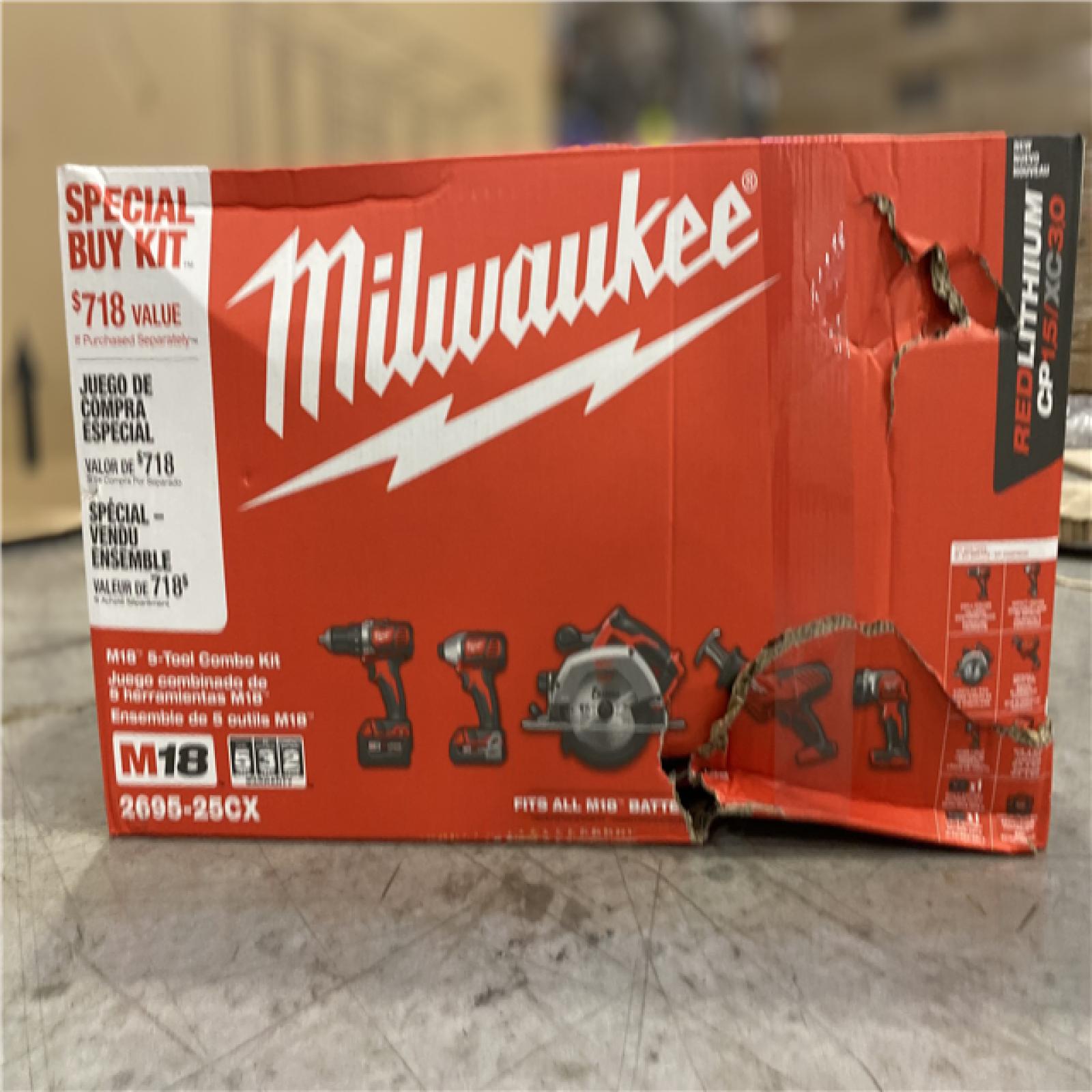 NEW! - Milwaukee M18 18V Lithium-Ion Cordless Combo Kit (5-Tool) with (1) 3.0Ah and (1) 1.5Ah Battery, (1) Charger, (1) Tool Bag