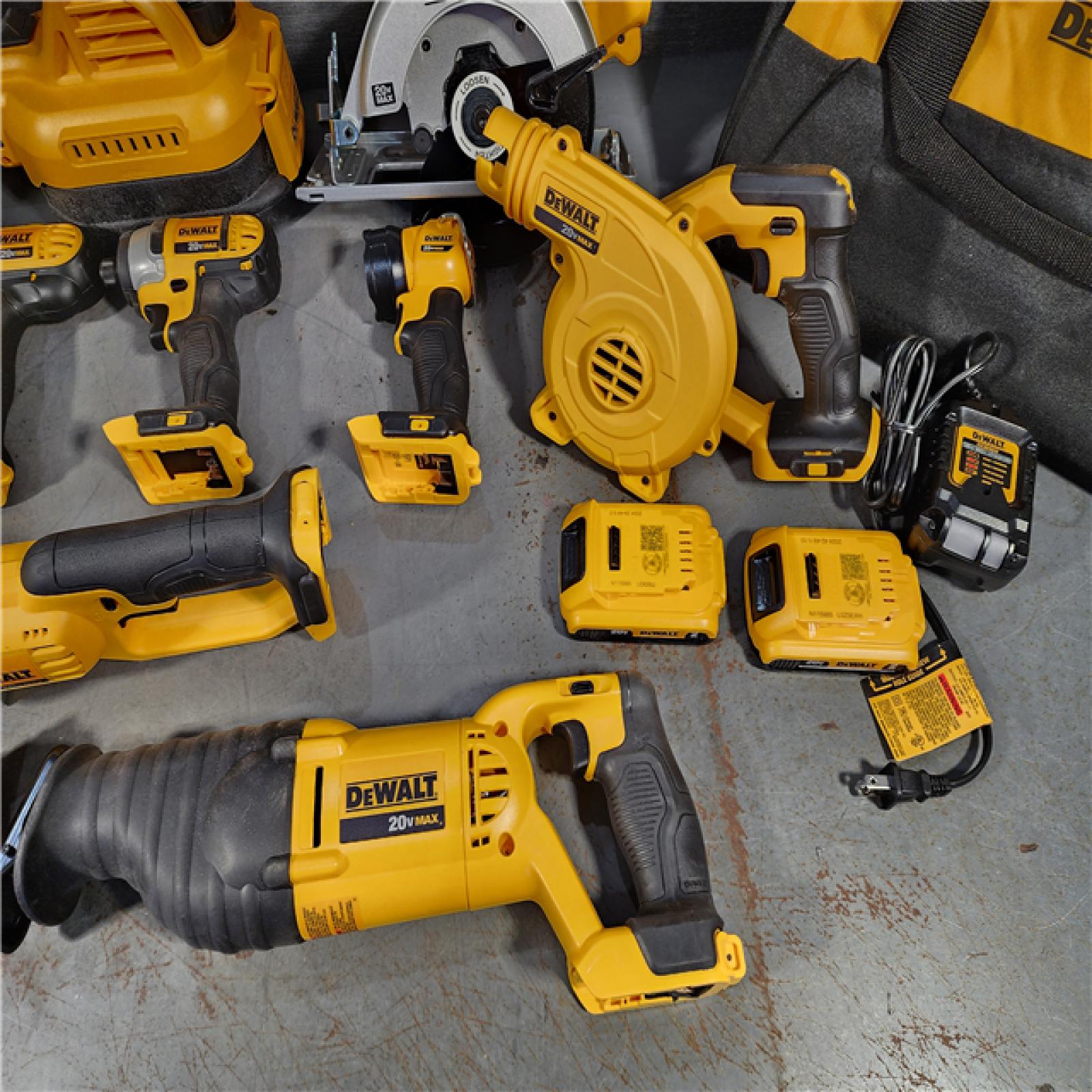 HOUSTON LOCATION - AS-IS DEWALT 20V MAX Cordless 10 Tool Combo Kit with (2) 20V 2.0Ah Batteries, Charger, and Bag