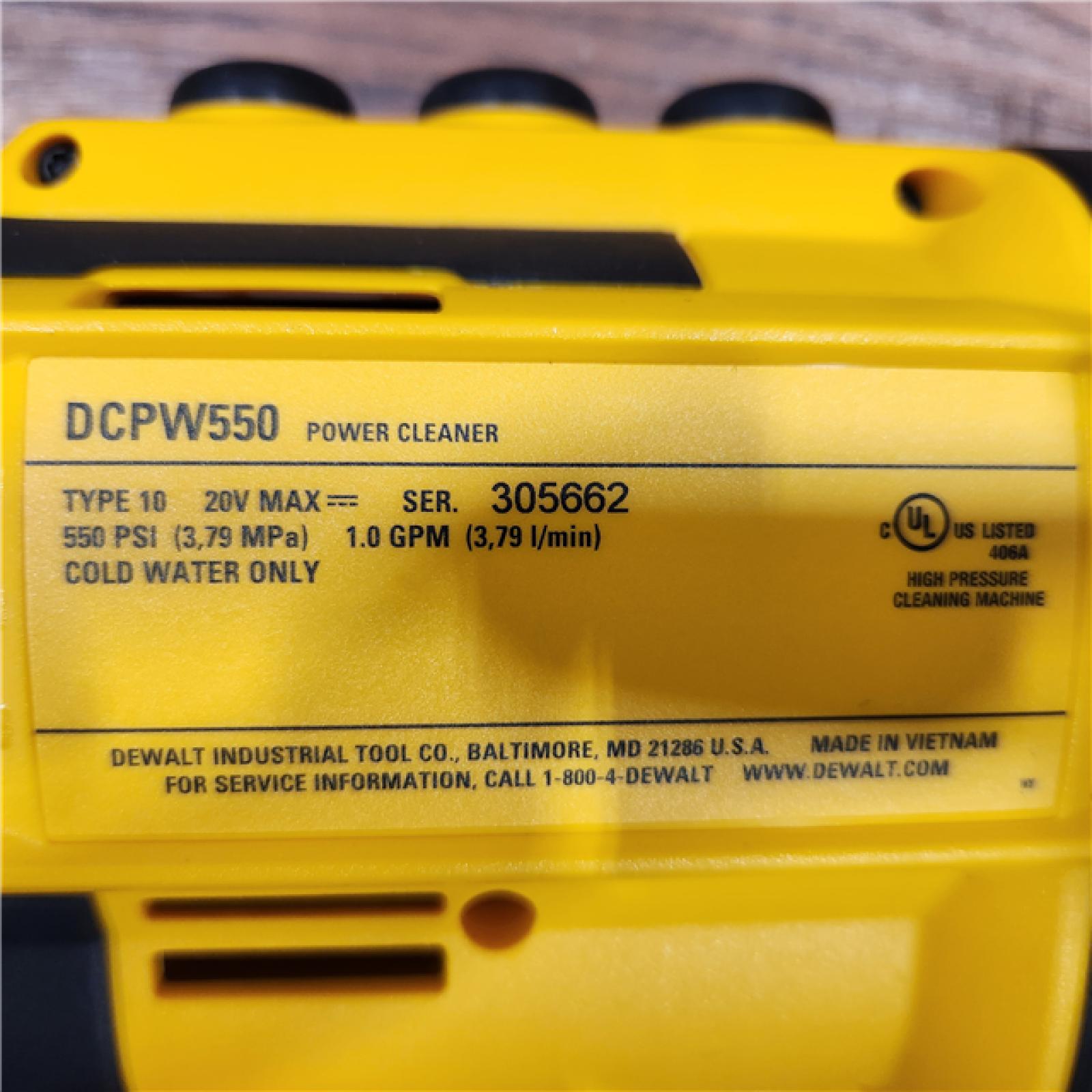 AS-IS DEWALT 20V MAX 550 PSI 1.0 GPM Cold Water Cordless Battery Power Cleaner with 4 Nozzles (Tool Only)