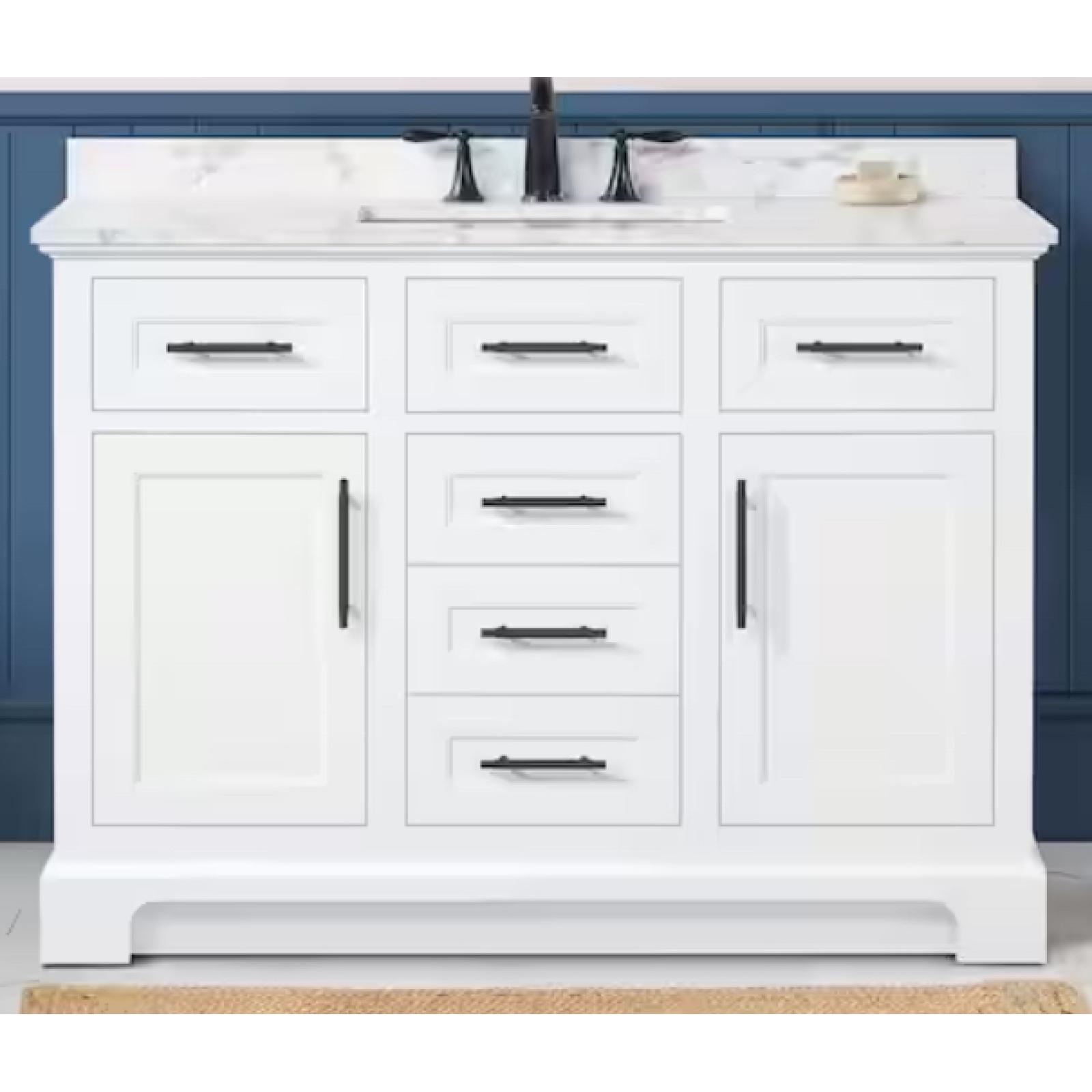 Home Decorators Collection Doveton 48 in. Single Sink Freestanding White Bath Vanity with White Engineered Marble Top