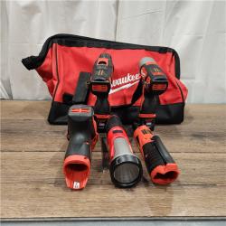 AS IS MILWAUKEE M12 12V Lithium-Ion Cordless Combo Kit (5-Tool) with Two 1.5Ah Batteries, Charger & Tool Bag