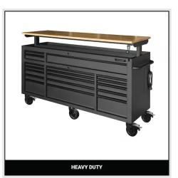 DALLAS LOCATION - Husky 72 in. W x 24 in. D Heavy Duty 18-Drawer Mobile Workbench Cabinet with Adjustable-Height Hardwood Top in Matte Black