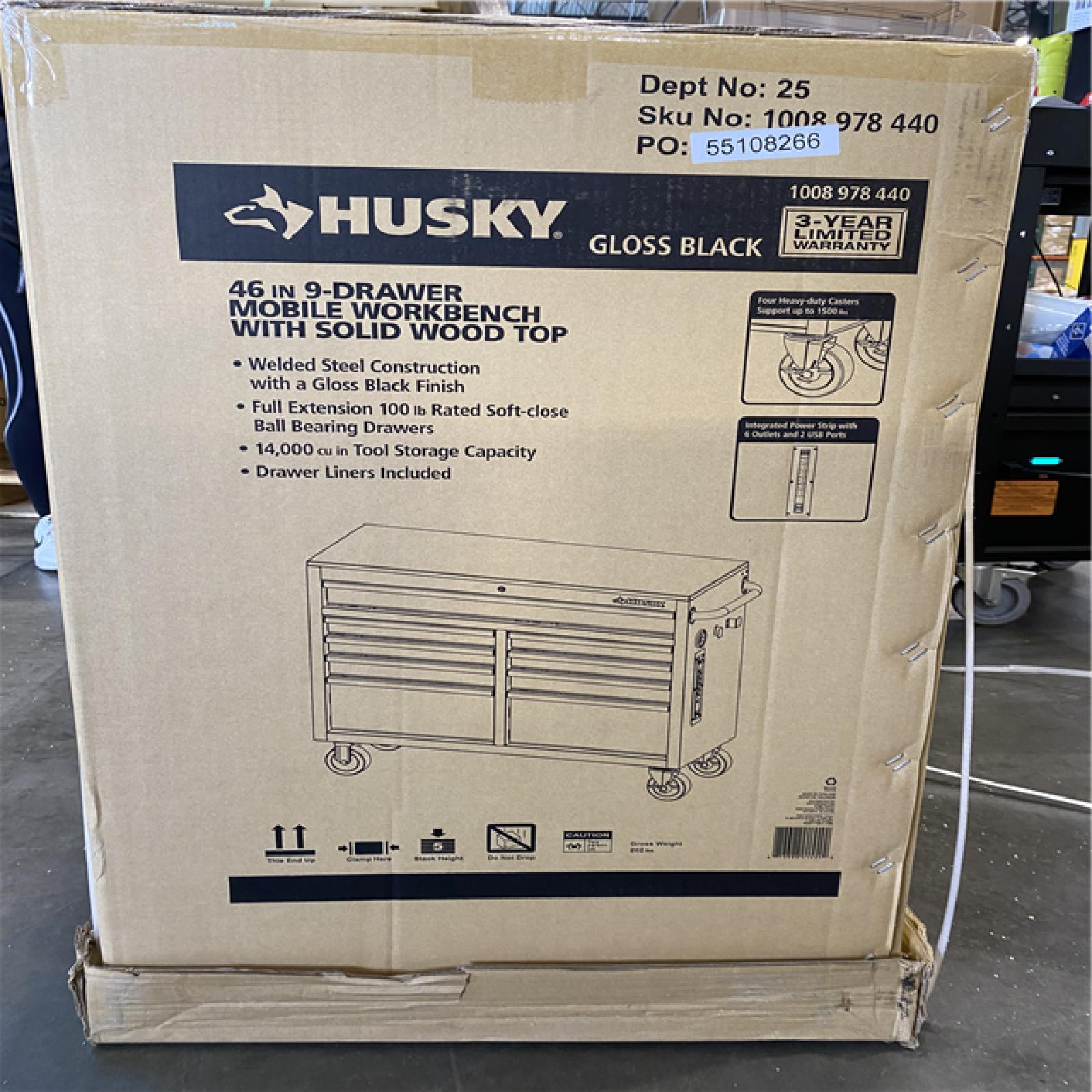 DALLAS LOCATION - NEW! Husky Tool Storage 46 in. W Gloss Black Mobile Workbench Cabinet