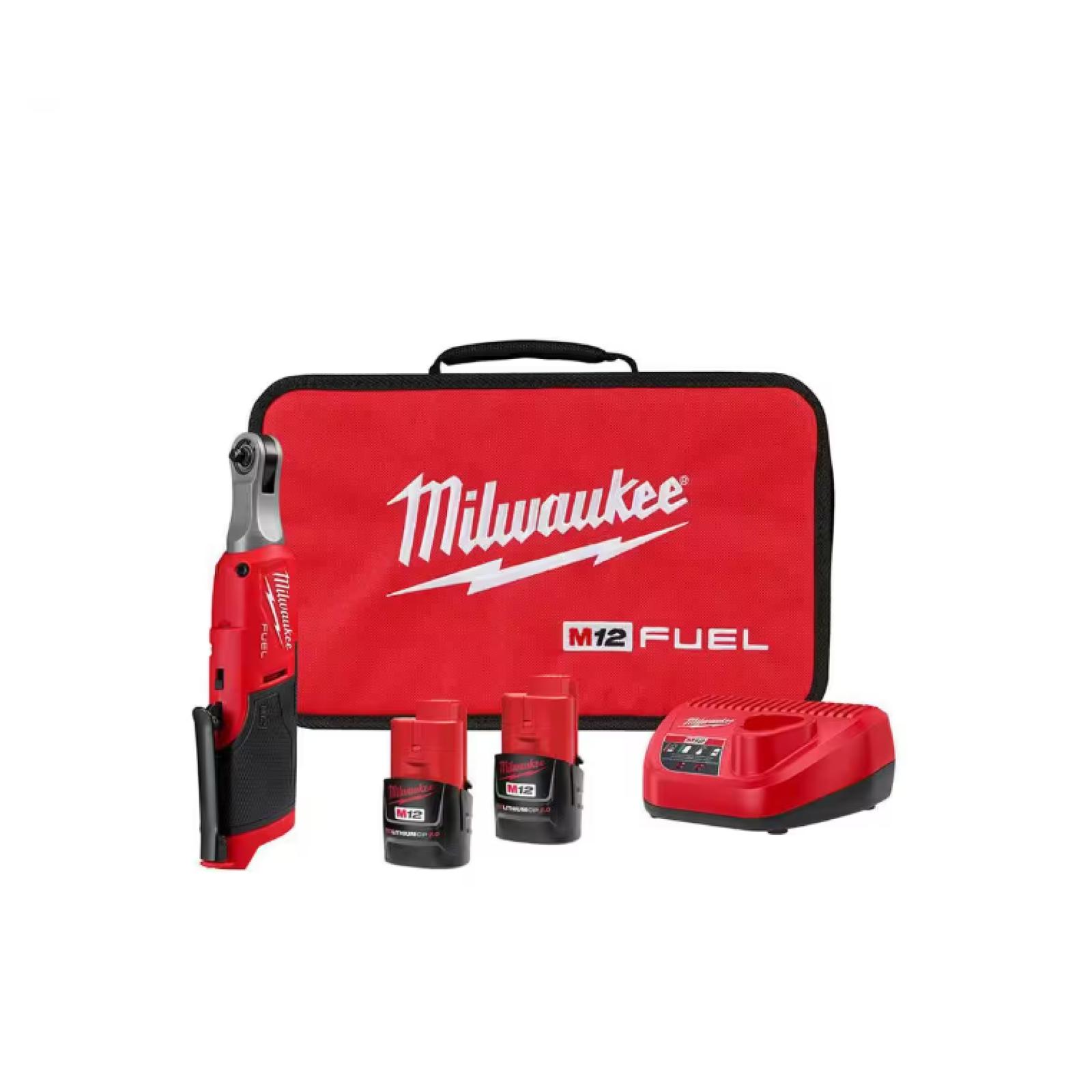 NEW! - Milwaukee M12 FUEL 12V Lithium-Ion Brushless Cordless High Speed 1/4 in. Ratchet Kit w/(2) Batteries, Charger and Bag