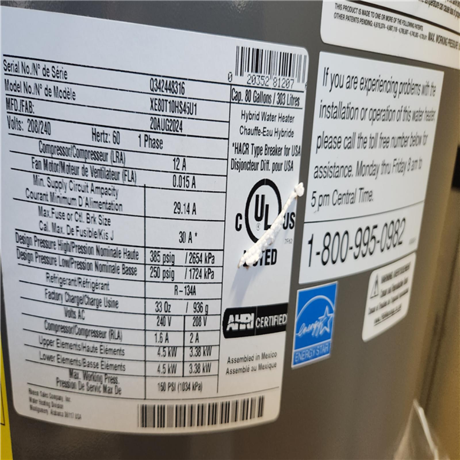 California AS-IS Rheem ProTerra Performance Platinum 72gallon Electric Water Heater