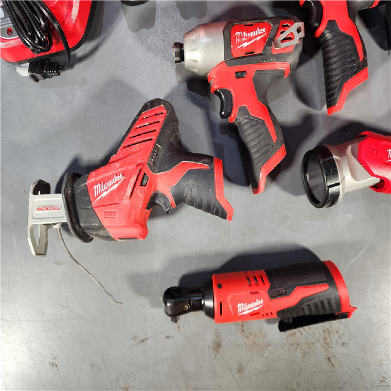 HOUSTON LOCATION - AS-IS MILWAUKEE M12 12V Lithium-Ion Cordless Combo Kit (5-Tool) with Two 1.5Ah Batteries, Charger & Tool Bag