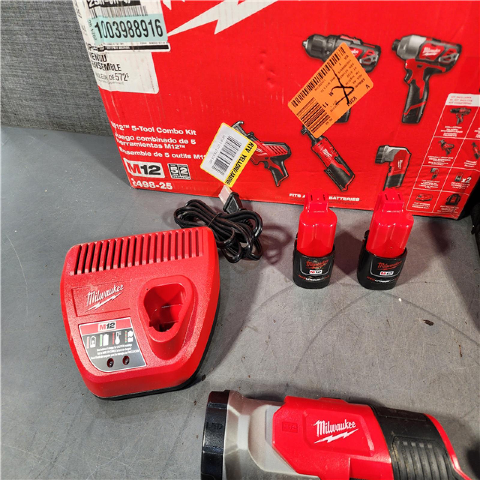 HOUSTON LOCATION - AS-IS MILWAUKEE M12 12V Lithium-Ion Cordless Combo Kit (5-Tool) with Two 1.5Ah Batteries, Charger & Tool Bag