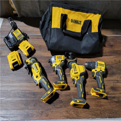 CALIFORNIA USED DEWALT 20 MAX V BRUSHLESS 4-TOOL COMBO KIT(2 BATTERIES, 1 CHARGER, AND BAG INCLUDED)