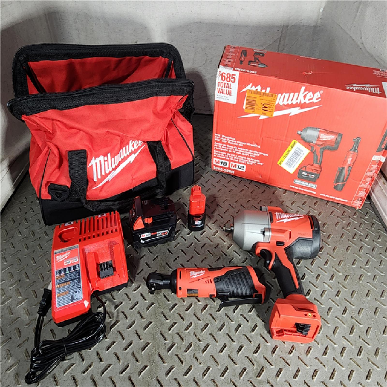 HOUSTON LOCATION - AS-IS M12/M18 12/18V Lithium-Ion Cordless 3/8 in. Ratchet and 1/2 in. High Torque Impact Wrench with Friction Ring Combo Kit