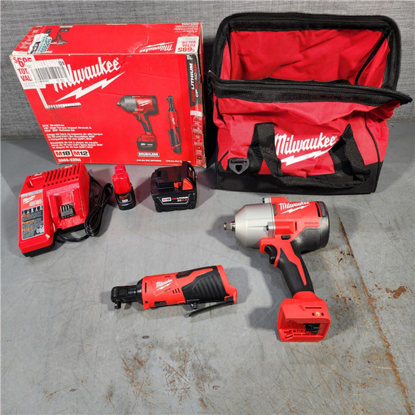 HOUSTON LOCATION - AS-IS (APPEARS LIKE NEW) M12/M18 12/18V Lithium-Ion Cordless 3/8 in. Ratchet and 1/2 in. High Torque Impact Wrench with Friction Ring Combo Kit