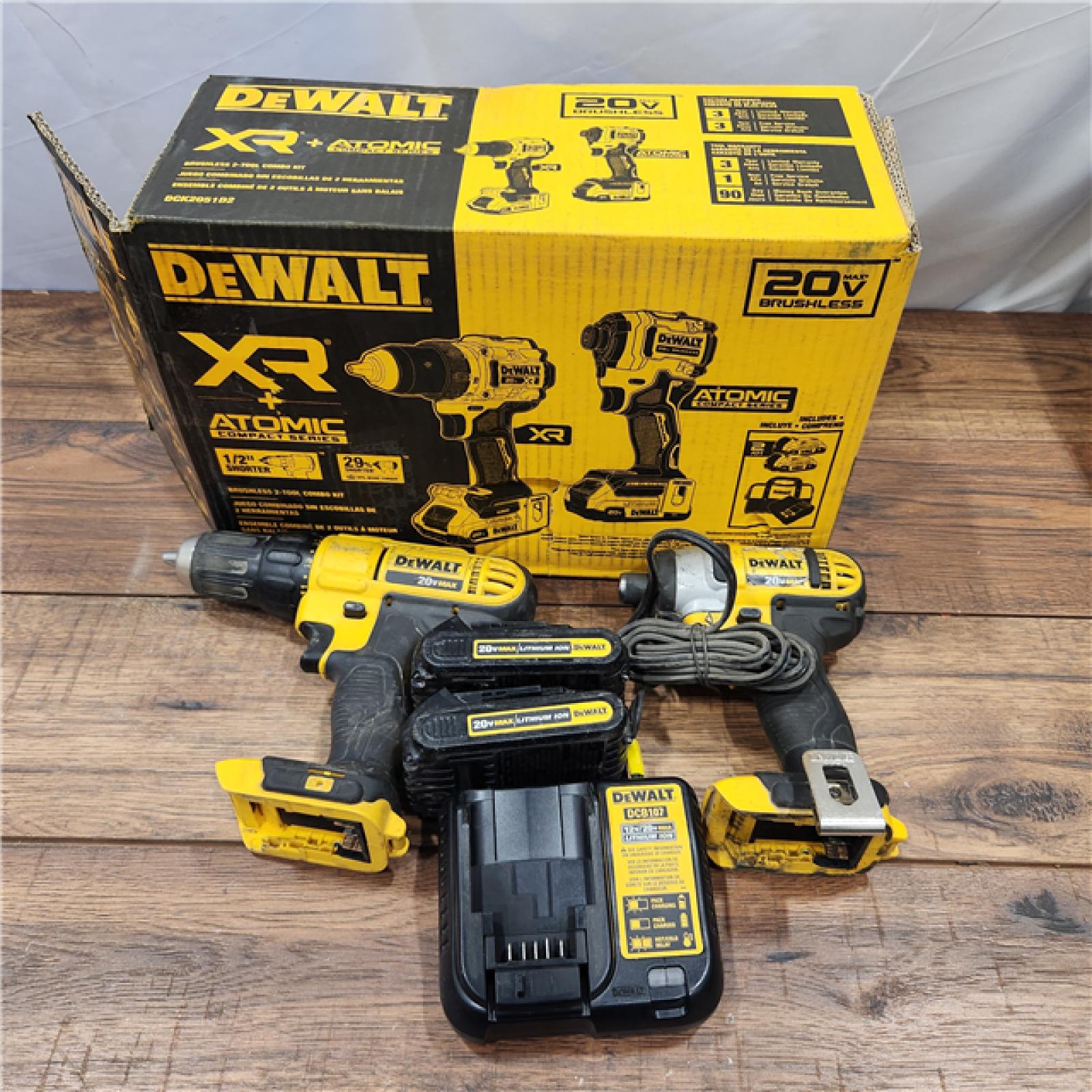 AS-IS DeWalt 20V MAX XR Cordless Drill/Driver, ATOMIC Impact Driver 2 Tool Combo Kit, (2) 2.0Ah Batteries, Charger, and Bag