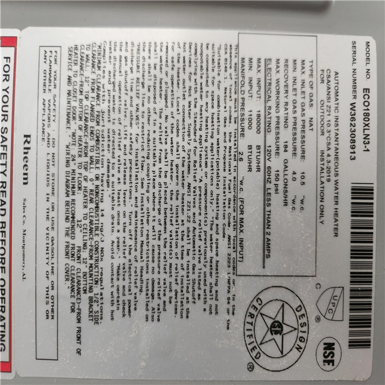 Phoenix Location NEW Rheem Performance Plus 8.4 GPM Smart Non-Condensing Outdoor Natural Gas Tankless Water Heater