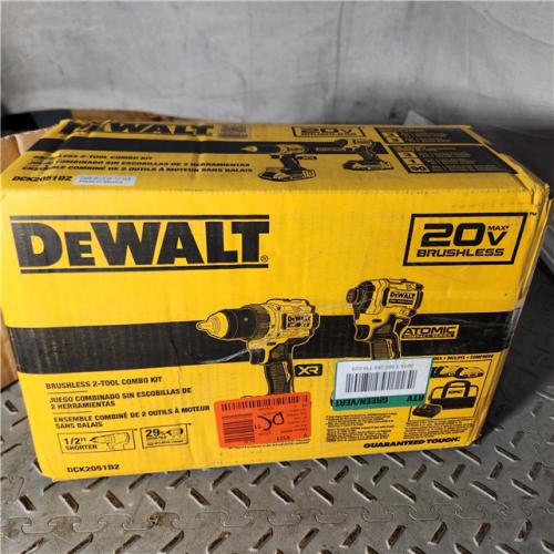 Houston location AS-IS DEWALT 20V MAX XR Cordless Drill/Driver, ATOMIC Impact Driver 2 Tool Combo Kit, (2) 2.0Ah Batteries, Charger, and Bag