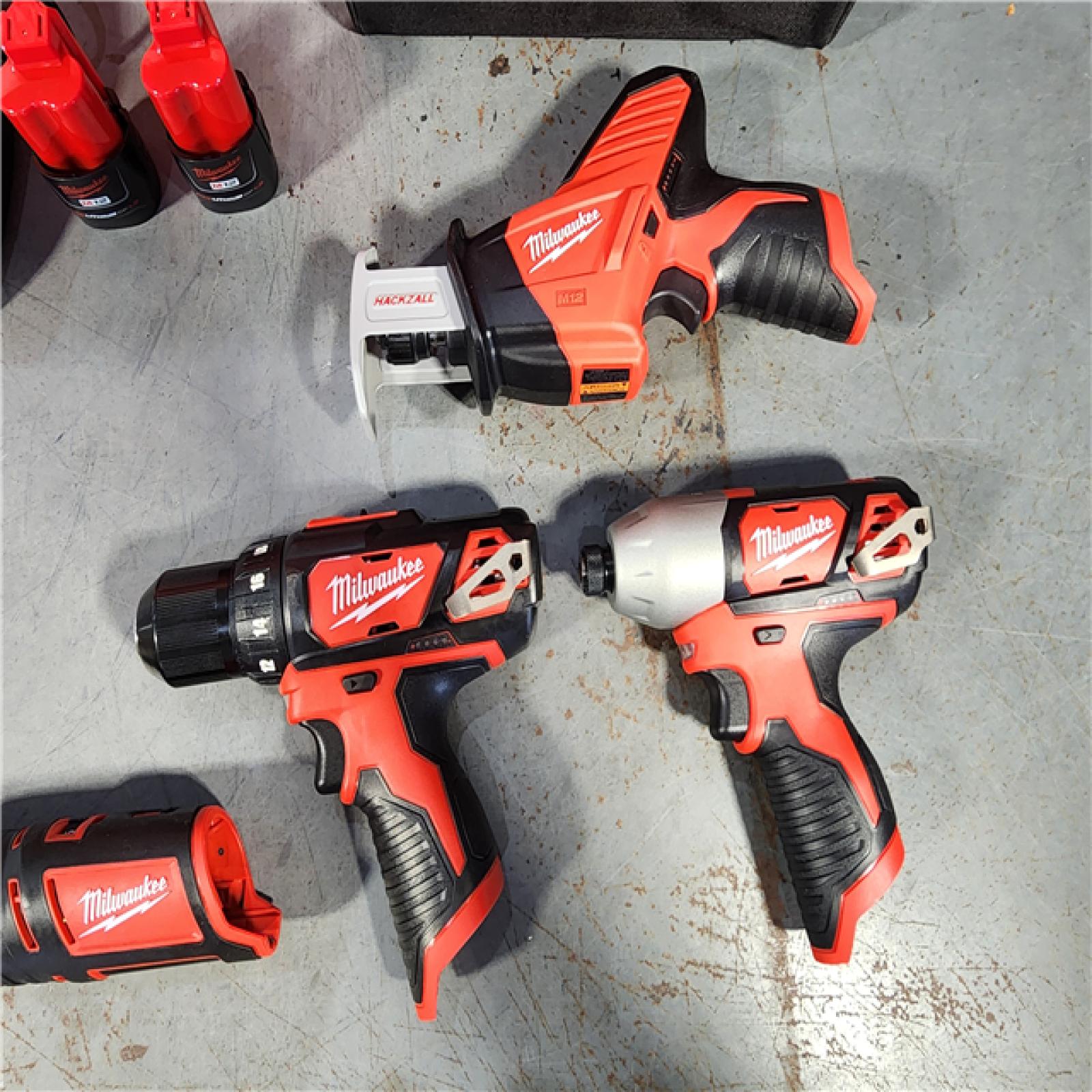 HOUSTON LOCATION - AS-IS (APPEARS LIKE NEW) M12 12V Lithium-Ion Cordless 4-Tool Combo Kit with (2) Compact 1.5Ah Batteries and Charger