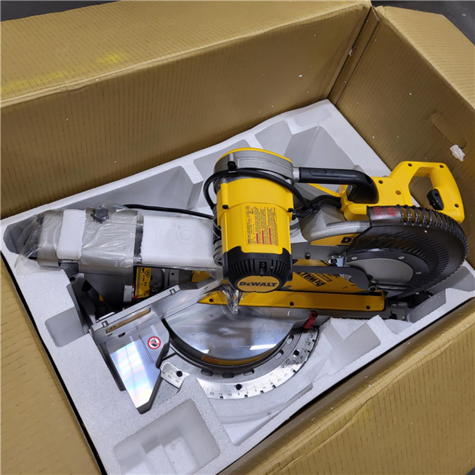 AS-IS DEWALT 15 Amp Corded 12 in. Double Bevel Sliding Compound Miter Saw, Blade Wrench and Material Clamp