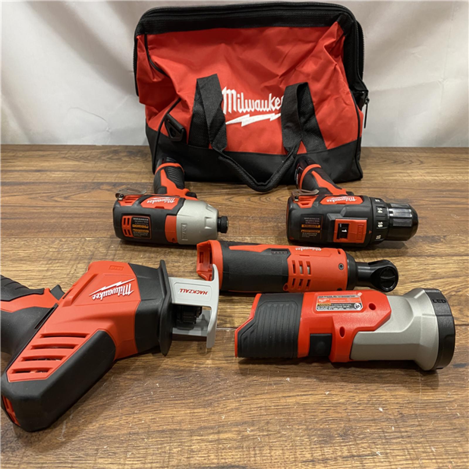 AS IS MILWAUKEE M12 12V Lithium-Ion Cordless Combo Kit (5-Tool) with Two 1.5Ah Batteries, Charger & Tool Bag