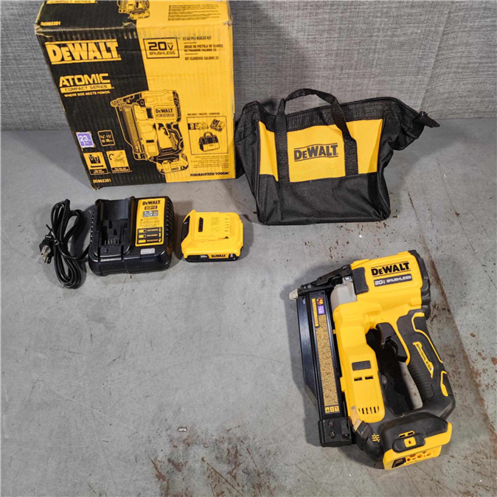 HOUSTON LOCATION - AS-IS DEWALT ATOMIC 20V MAX Lithium Ion Cordless 23 Gauge Pin Nailer Kit with 3.0Ah Battery and Charger