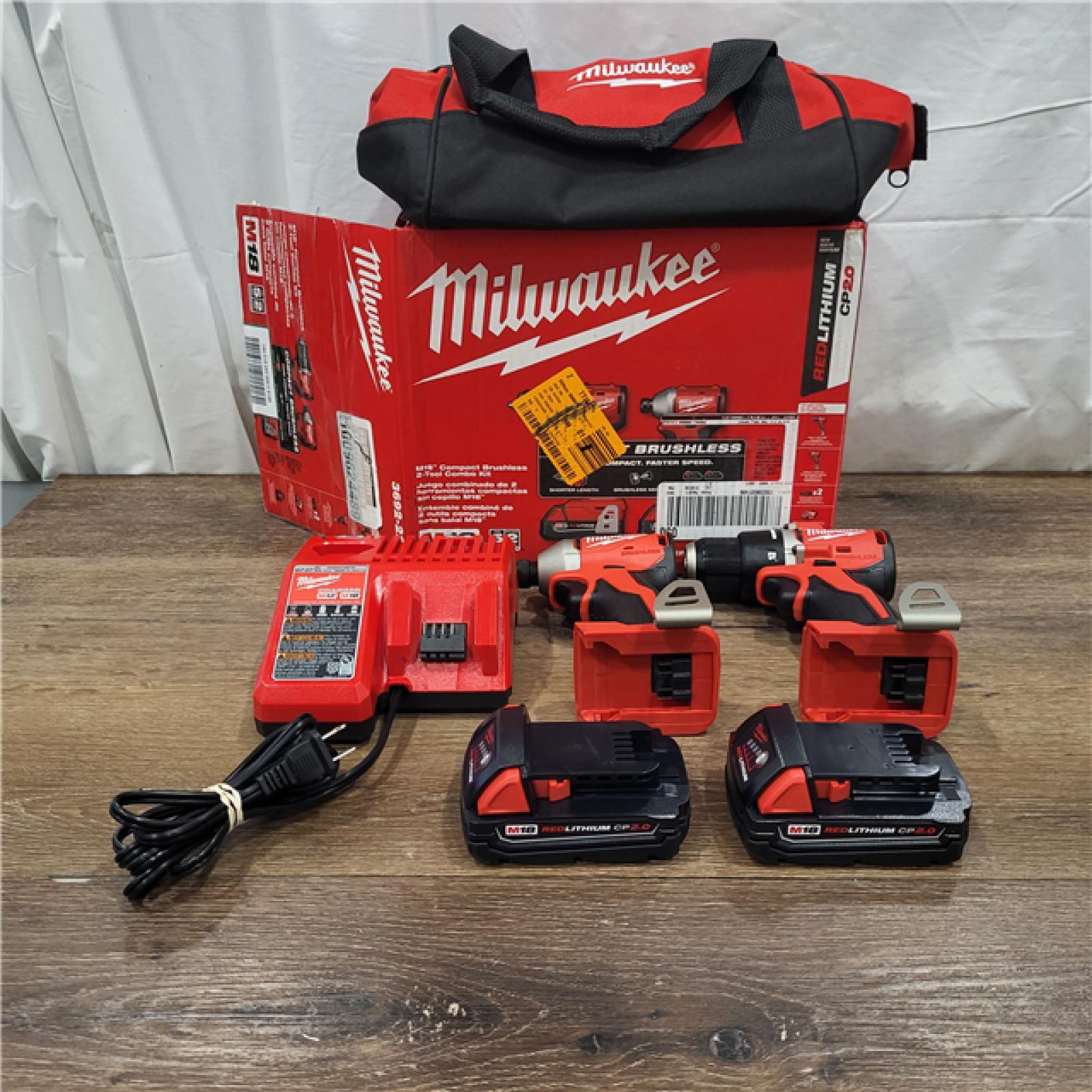 AS-IS M18 18V Lithium-Ion Brushless Cordless Compact Drill/Impact Combo Kit (2-Tool) W/(2) 2.0 Ah Batteries, Charger & Bag