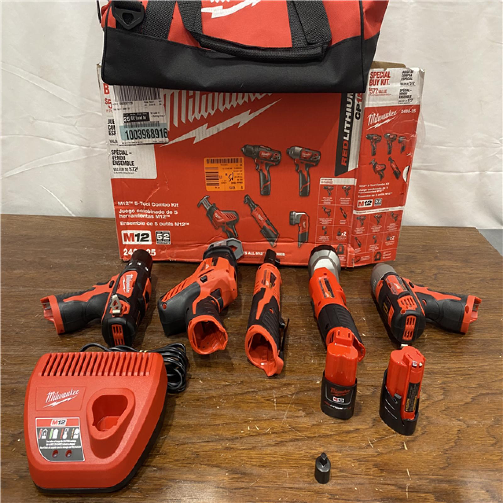 AS-IS MILWAUKEE M12 12V Lithium-Ion Cordless Combo Kit (5-Tool) with Two 1.5Ah Batteries, Charger & Tool Bag