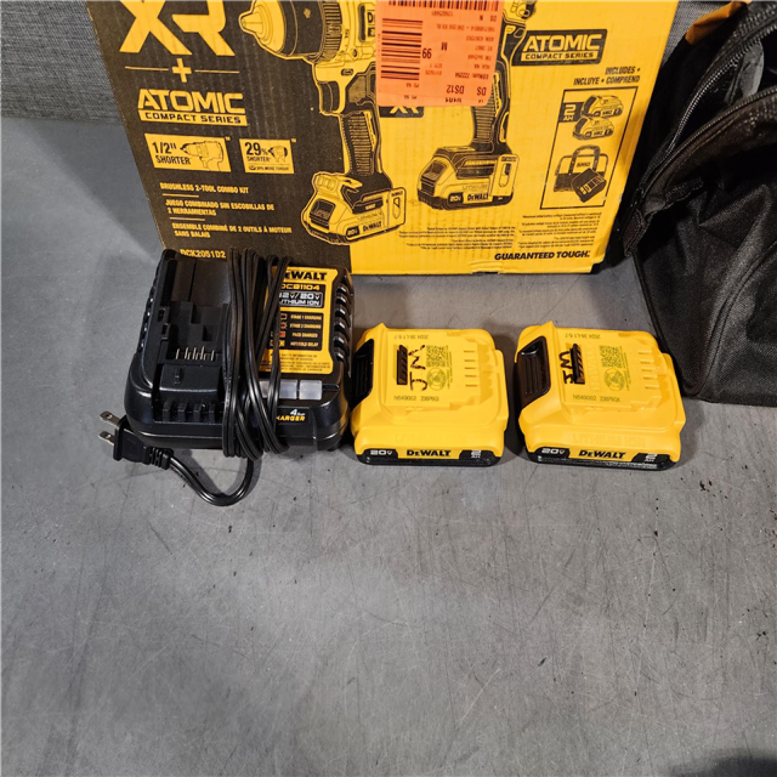 HOUSTON LOCATION - AS-IS DEWALT 20V MAX XR Cordless Drill/Driver, ATOMIC Impact Driver 2 Tool Combo Kit, (2) 2.0Ah Batteries, Charger, and Bag