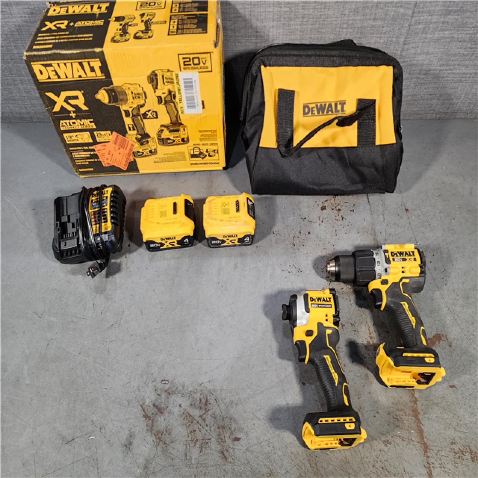 HOUSTON LOCATION - AS-IS DEWALT 20V MAX XR Hammer Drill and ATOMIC Impact Driver 2 Tool Cordless Combo Kit with (2) 4.0Ah Batteries, Charger, and Bag