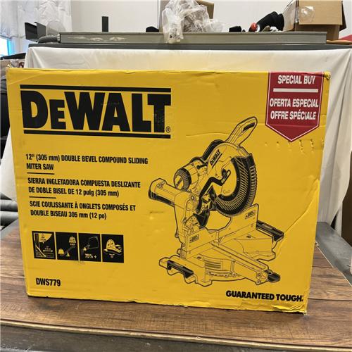 AS-IS DEWALT 15 Amp Corded 12 in. Double Bevel Sliding Compound Miter Saw, Blade Wrench and Material Clamp