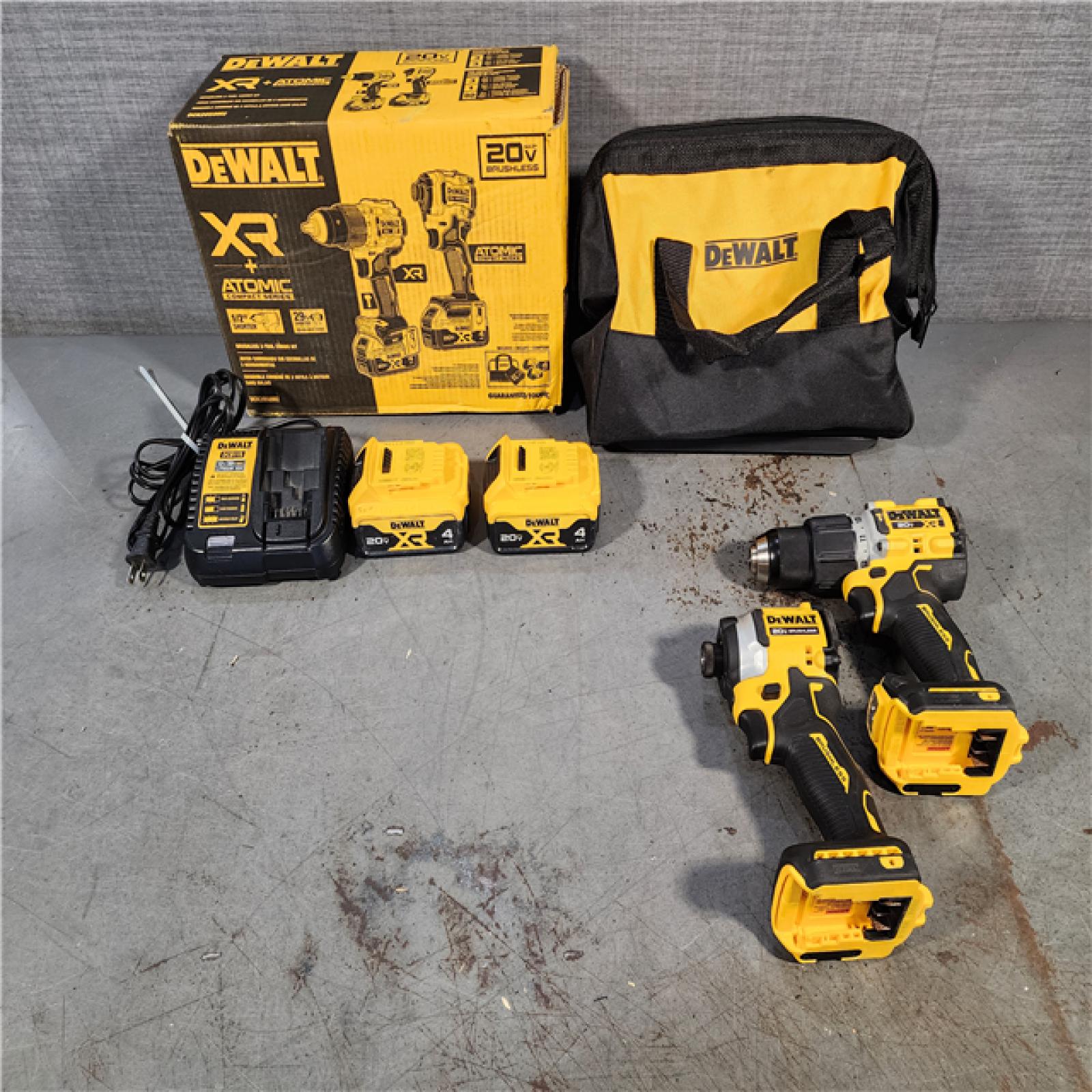 HOUSTON LOCATION - AS-IS DEWALT 20V MAX XR Hammer Drill and ATOMIC Impact Driver 2 Tool Cordless Combo Kit with (2) 4.0Ah Batteries, Charger, and Bag