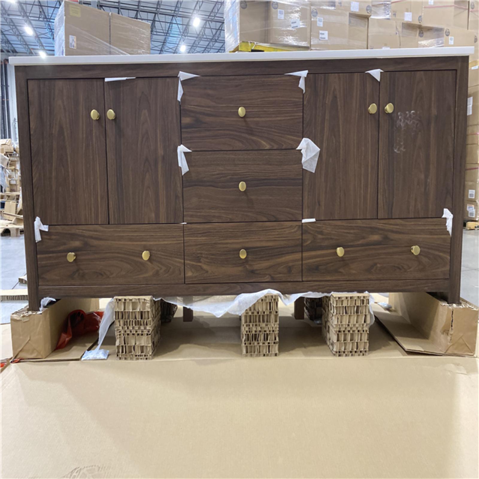 DALLAS LOCATION - Glacier Bay Rory 72 in. Double Sink Walnut Bath Vanity with White Engineered Marble Top (Assembled)