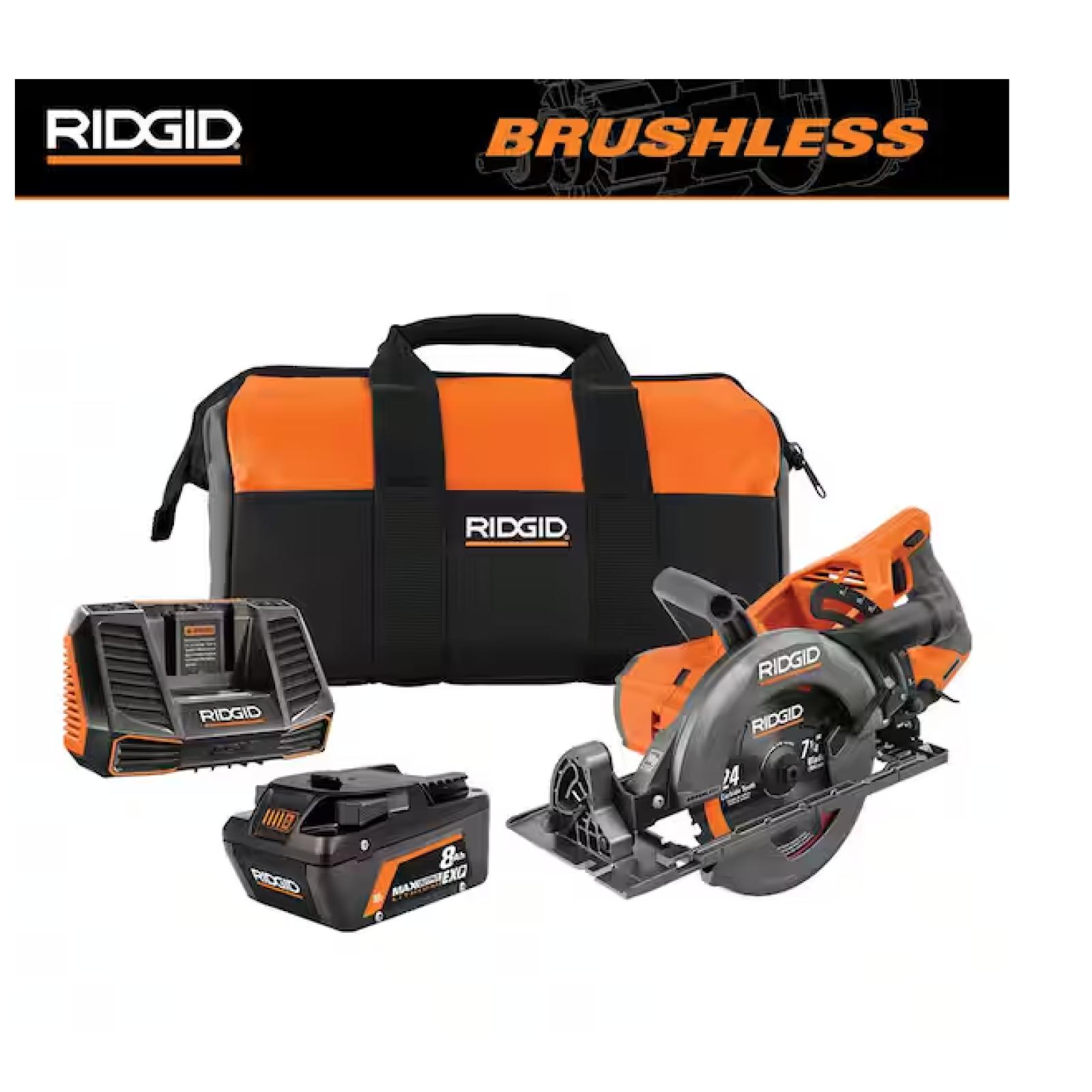 NEW! - RIDGID 18V Brushless Cordless 7-1/4 in. Rear Handle Circular Saw Kit with 8.0 Ah MAX Output Battery, 18V Charger and Bag