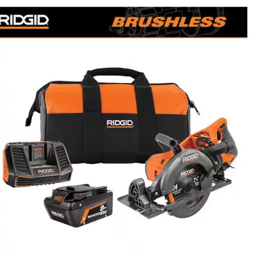 NEW! - RIDGID 18V Brushless Cordless 7-1/4 in. Rear Handle Circular Saw Kit with 8.0 Ah MAX Output Battery, 18V Charger and Bag