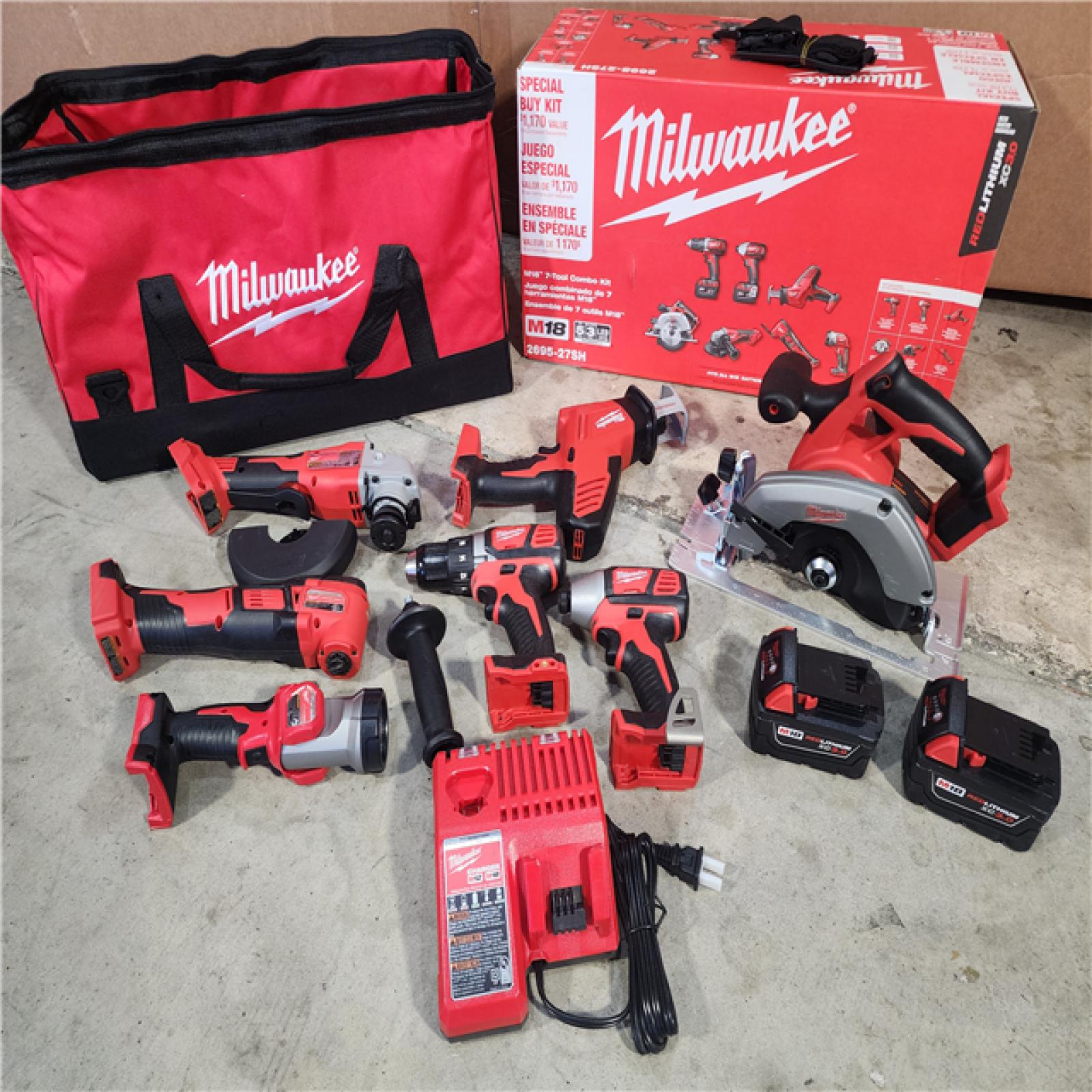 HOUSTON LOCATION - AS-IS (APPEARS LIKE NEW) M18 18-Volt Lithium-Ion Cordless Combo Kit 7-Tool with 2-Batteries, Charger and Tool Bag