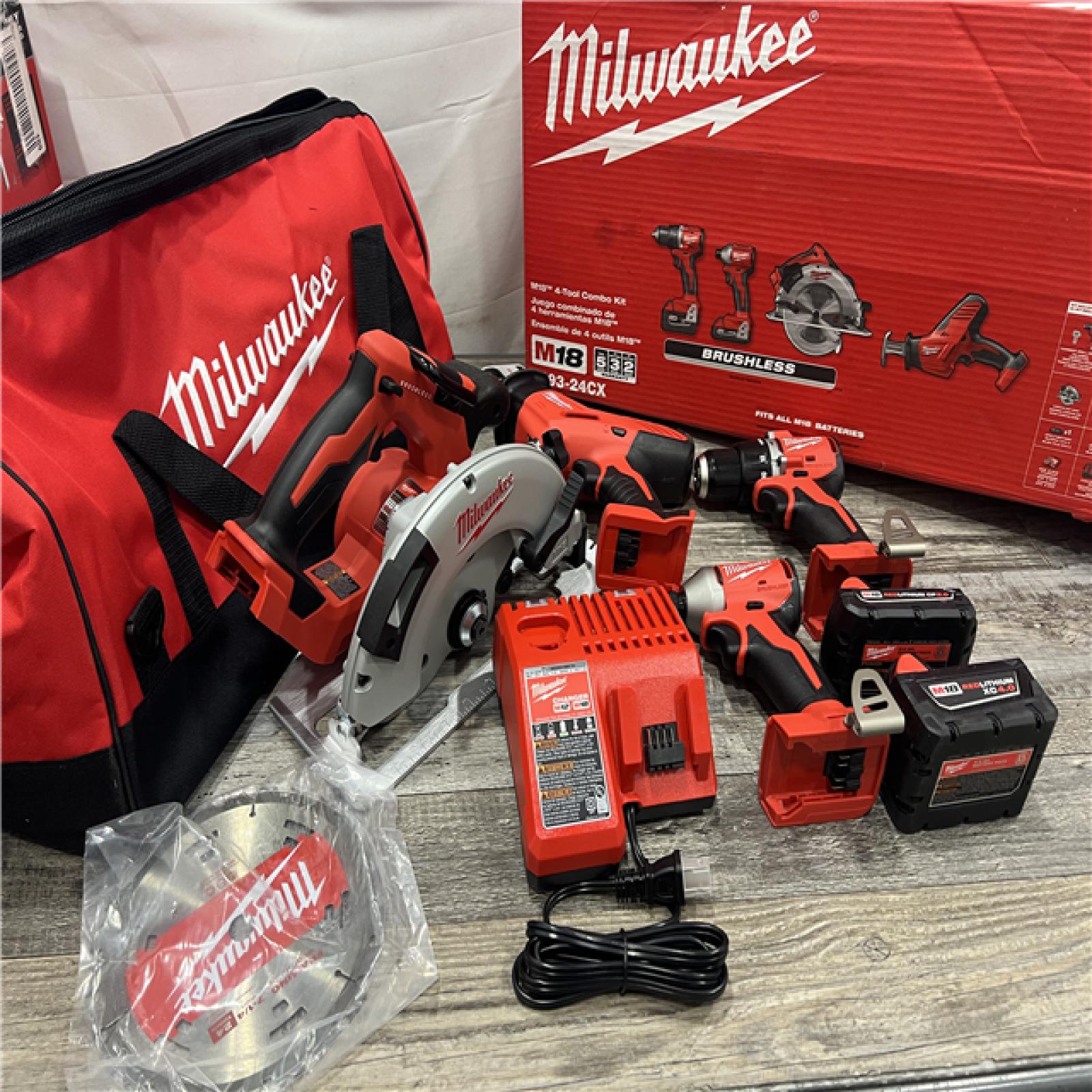 AS-IS MILWAUKEE M18 18-Volt Lithium-Ion Brushless Cordless Combo Kit (4-Tool) with 2-Batteries, 1-Charger and Tool Bag