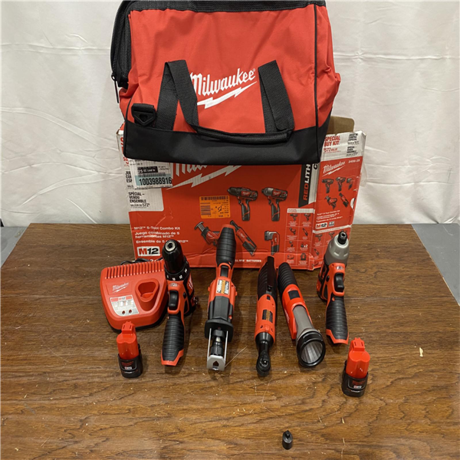 AS-IS MILWAUKEE M12 12V Lithium-Ion Cordless Combo Kit (5-Tool) with Two 1.5Ah Batteries, Charger & Tool Bag