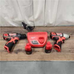 AS-IS Milwaukee 2494-22 M12 Cordless Combination 3/8  Drill / Driver and 1/4  Hex Impact Driver Dual Power Tool Kit (2 Lithium Ion Batteries  Charger  and B