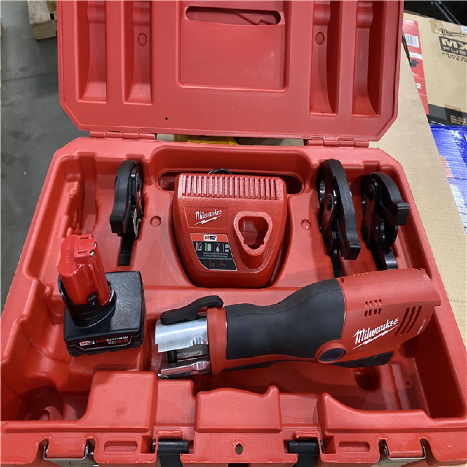 AS - IS Milwaukee M12 12-Volt Lithium-Ion Force Logic Cordless Press Tool Kit with 1/2 in. to 1 in. Iron Pipe Jaws (6-Jaws Included)