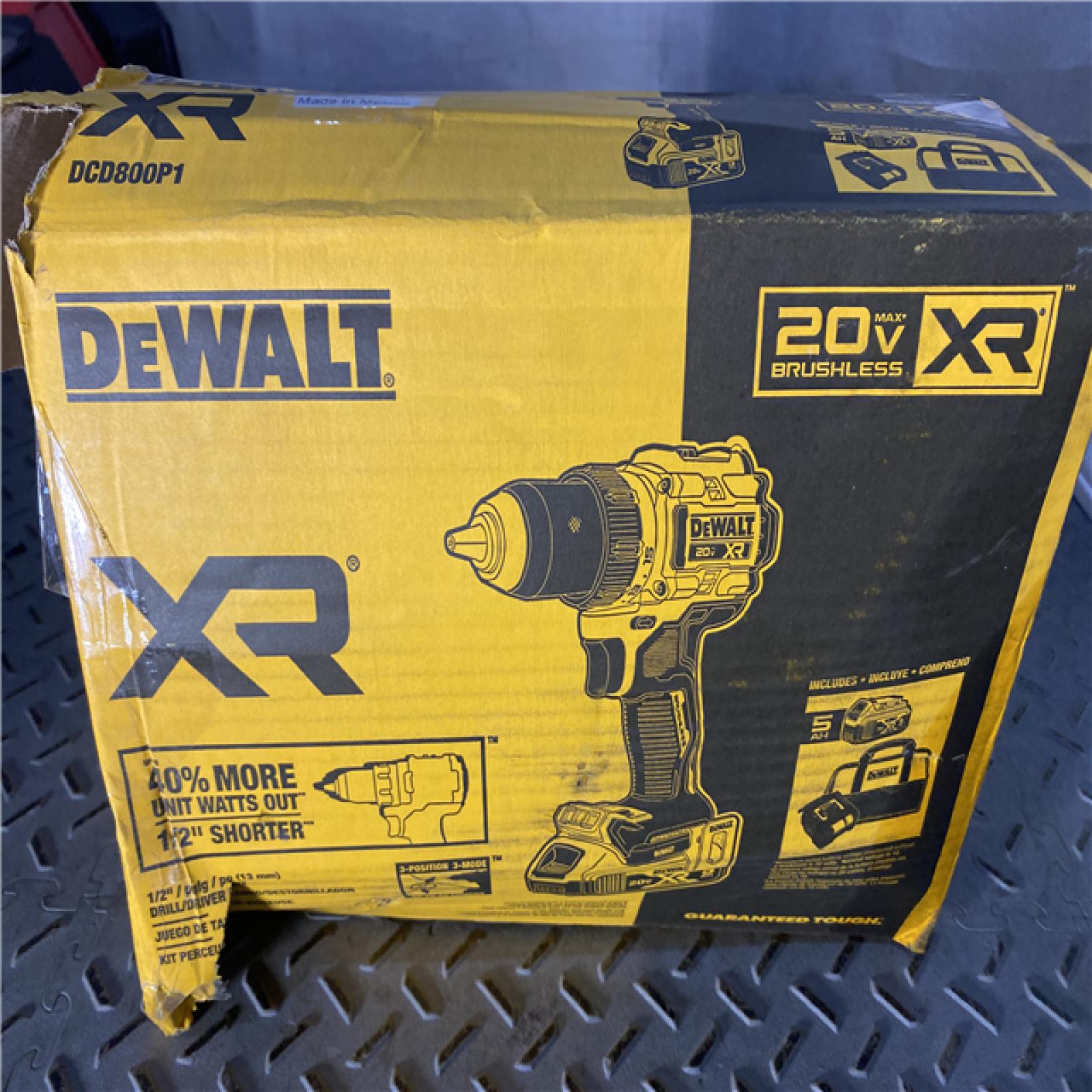 Houston location AS-IS DEWALT 20V MAX XR Lithium-Ion Cordless Compact 1/2 in. Drill/Driver Kit, 20V MAX 5.0Ah Battery, and Charger