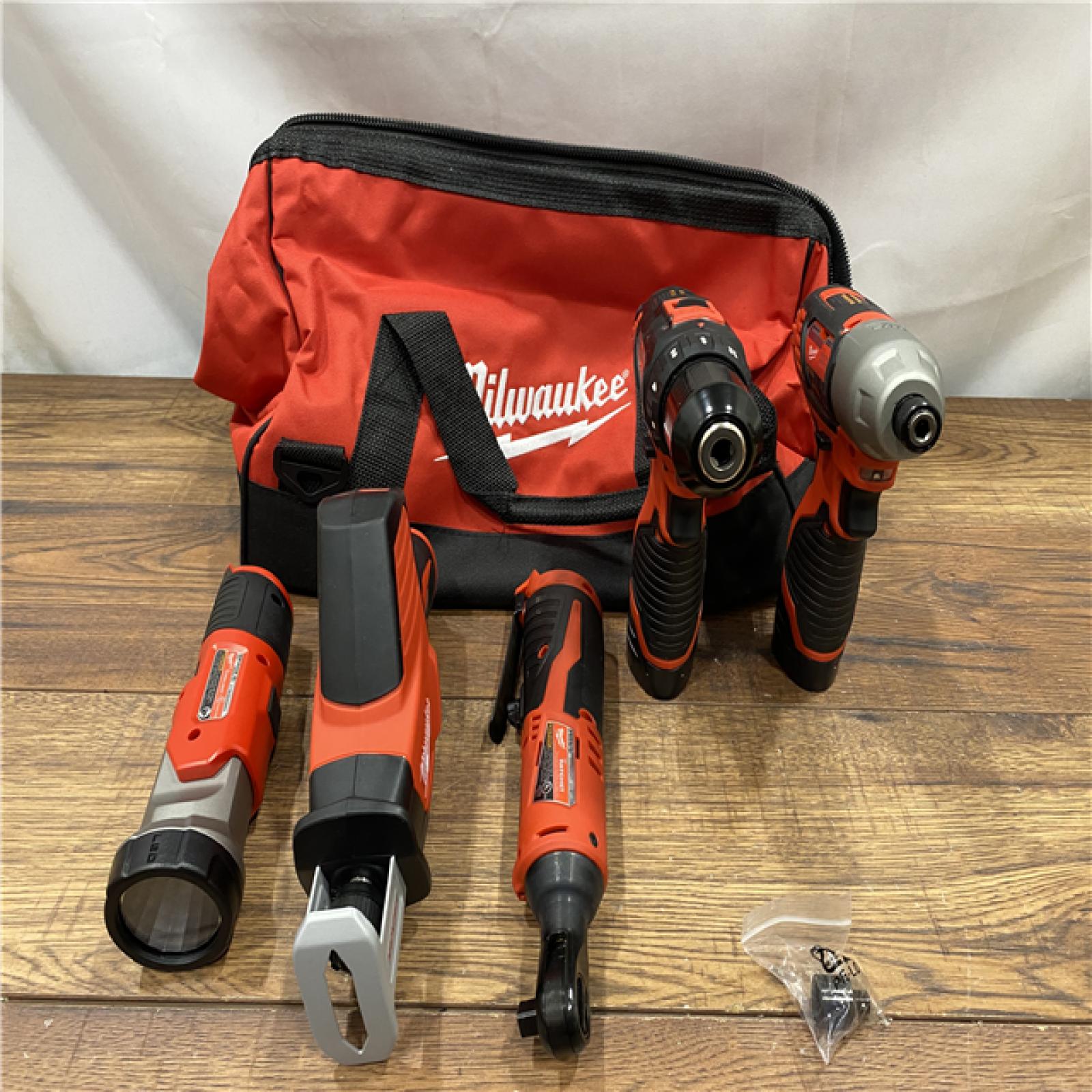 AS IS MILWAUKEE M12 12V Lithium-Ion Cordless Combo Kit (5-Tool) with Two 1.5Ah Batteries, Charger & Tool Bag