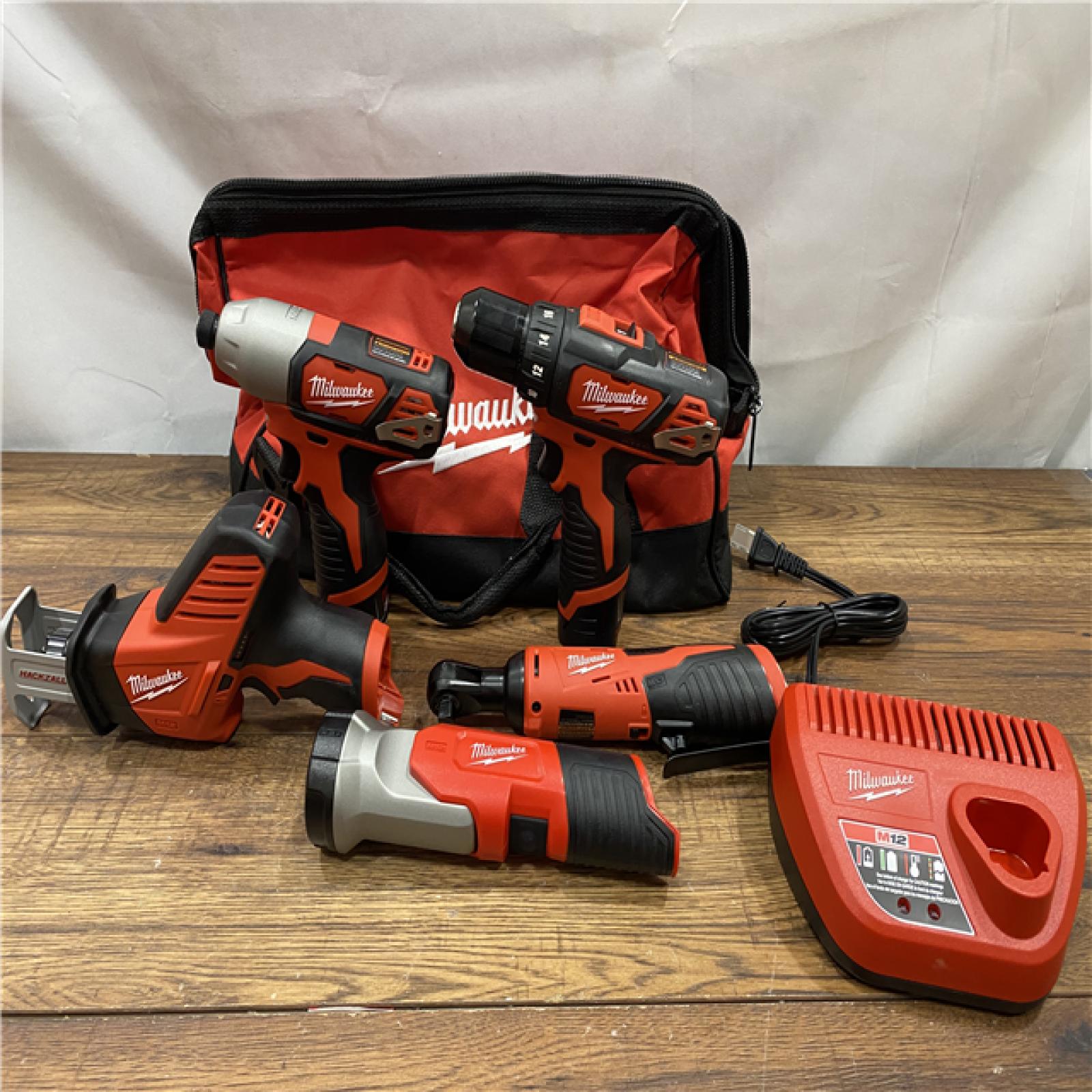 AS IS MILWAUKEE M12 12V Lithium-Ion Cordless Combo Kit (5-Tool) with Two 1.5Ah Batteries, Charger & Tool Bag