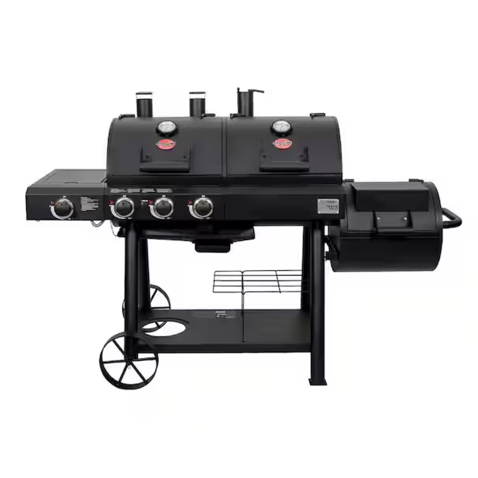 DALLAS LOCATION - Char-Griller Texas Trio 4-Burner Dual Fuel Grill with Smoker in Black