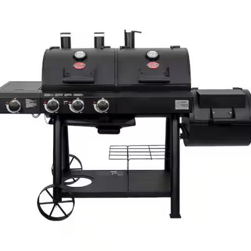 DALLAS LOCATION - Char-Griller Texas Trio 4-Burner Dual Fuel Grill with Smoker in Black