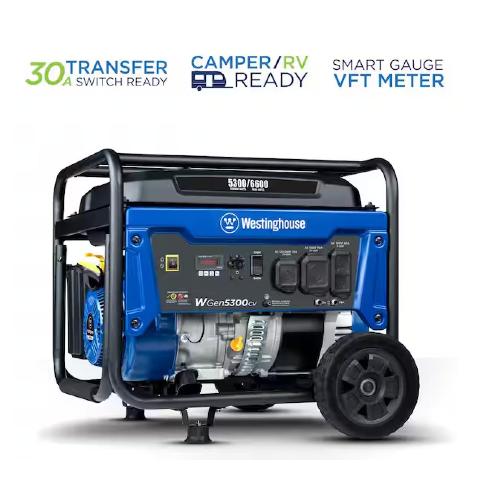 NEW! - Westinghouse 6,600/5,300-Watt Gas Powered Portable Generator with Recoil Start, 30A 120/240V Outlet