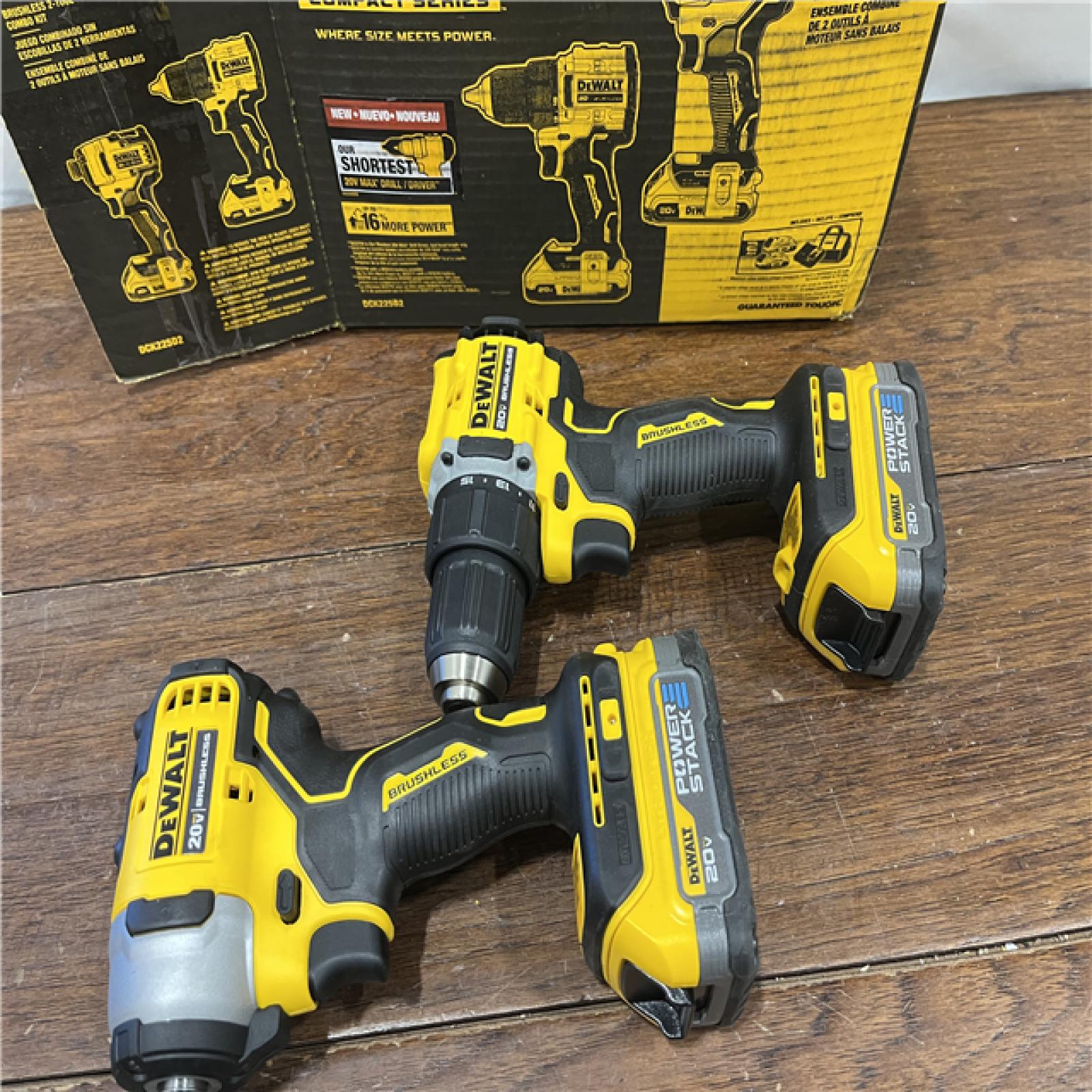 AS-IS Dewalt DCK225D2 20V MAX ATOMIC Brushless Compact Lithium-Ion 1/2 in. Cordless Drill Driver and 1/4 in. Impact Driver Combo Kit with 2 Batteries 2 Ah