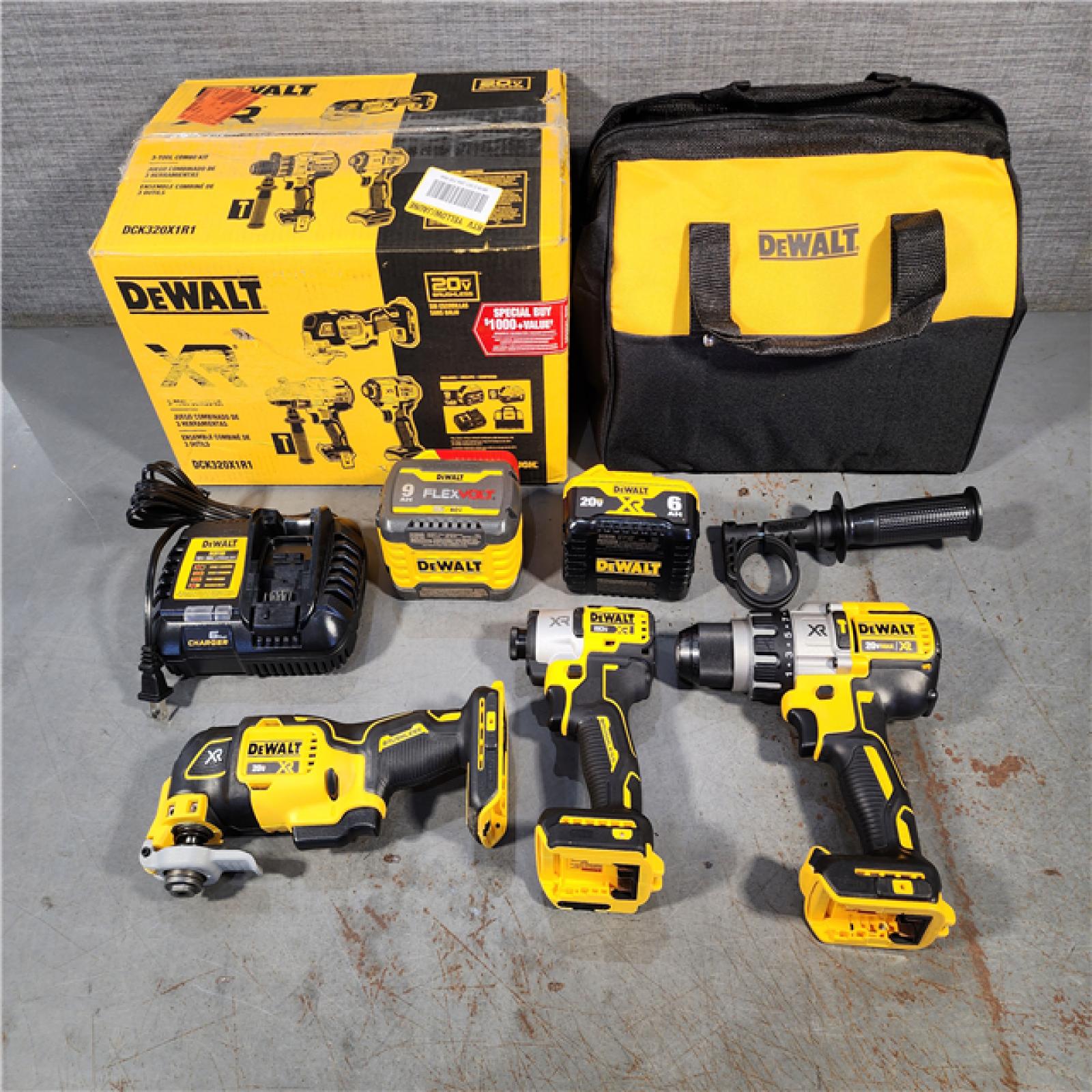 HOUSTON LOCATION - AS-IS (APPEARS LIKE NEW) DEWALT 20-Volt Lithium-Ion Cordless 3-Tool Combo Kit with FLEXVOLT 9 Ah and 20V 6 Ah Batteries and Charger