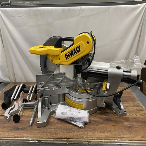 AS IS DEWALT 15 Amp Corded 12 in. Double Bevel Sliding Compound Miter Saw, Blade Wrench and Material Clamp