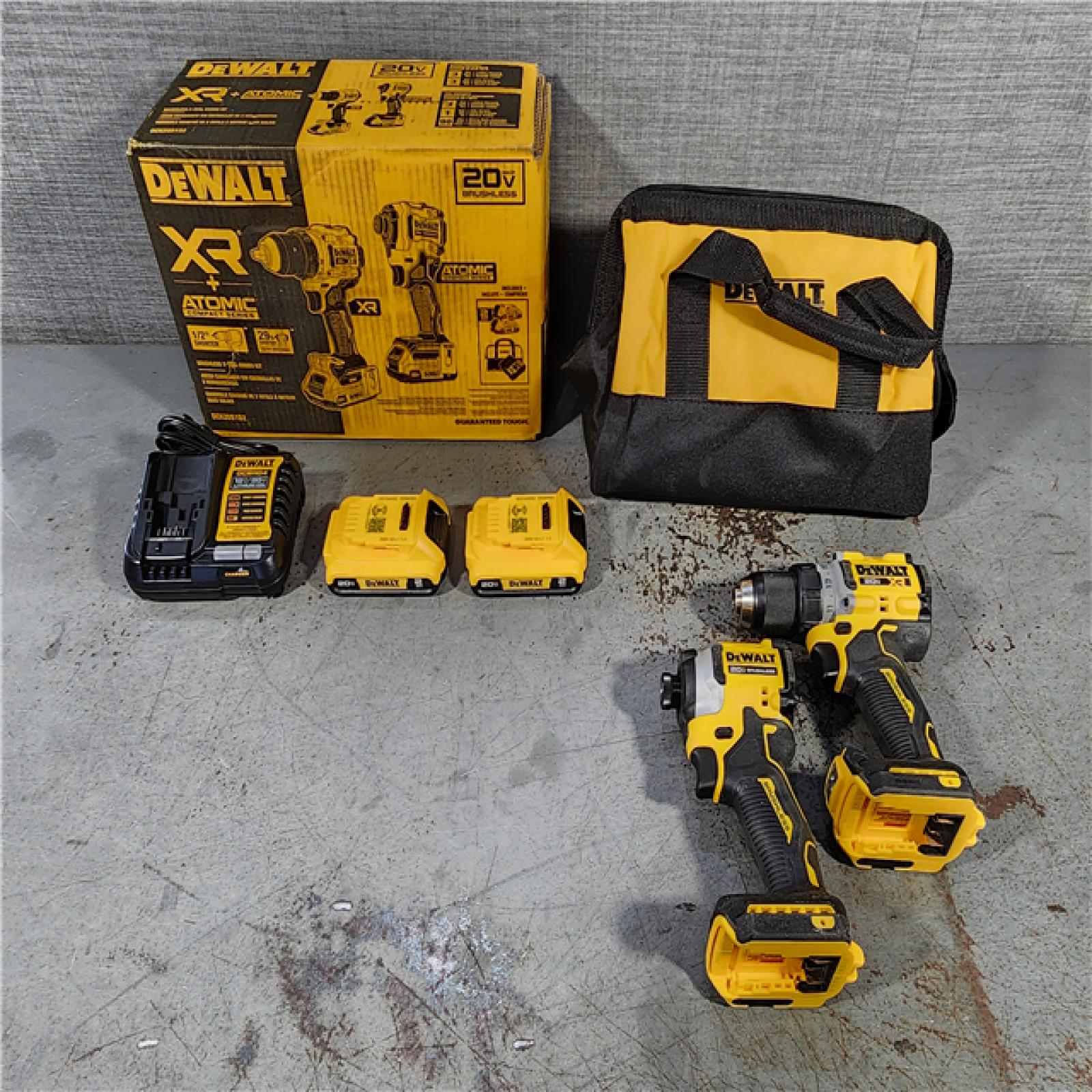 HOUSTON LOCATION - AS-IS DEWALT 20V MAX XR Cordless Drill/Driver, ATOMIC Impact Driver 2 Tool Combo Kit, (2) 2.0Ah Batteries, Charger, and Bag