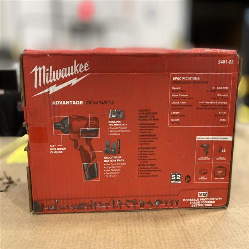 NEW! - Milwaukee M12 12V Lithium-Ion Cordless 1/4 in. Hex Screwdriver Kit with Two 1.5Ah Batteries, Charger and Tool Bag